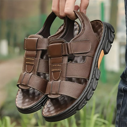 2023 New Men's Genuine Leather Casual Beach Sandals - Slip-On Adjustable Straps, Soft PU Sole, Breathable Summer Vacation Shoes for Driving & Outdoor Activities (Solid Color), Summer Sandals