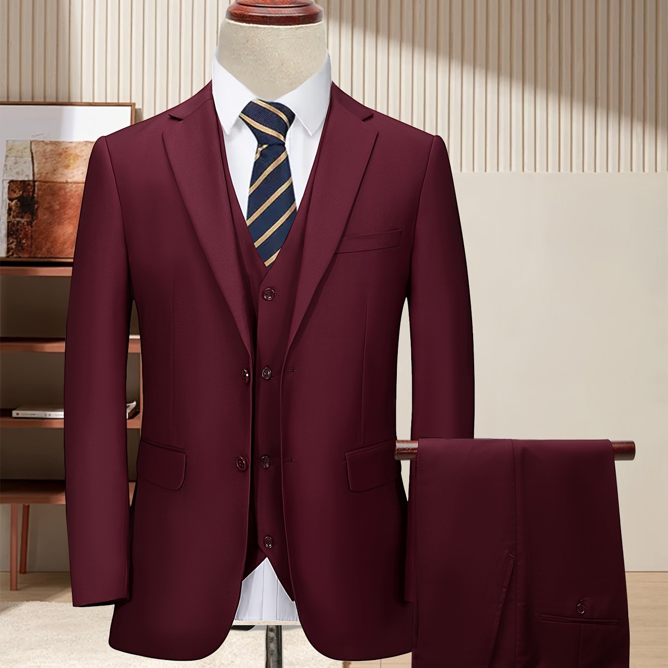 Men'S 3pcs Business Style Suit, Two Button Lapel Jacket Vest Trouser Set Solid Color Wedding Business Tuxedo Suit