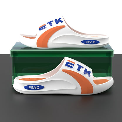 ETK Stylish Summer Slides - Comfortable Non-Slip, Odor-Resistant PVC Slippers for Beach, Pool & Outdoor Wear, Black & Green with White Strap, Trendy Sporty Design for All-Day Comfort, Poolside Slippers | Modern Casual Wear |