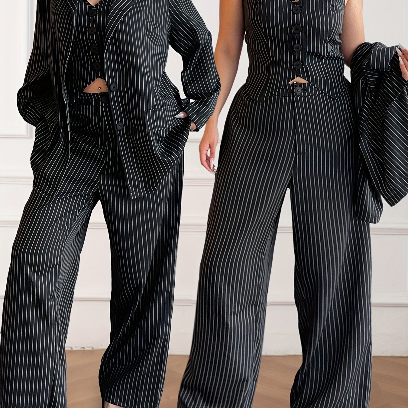 Large Size Women's Striped Long Sleeve Suit Jacket with V-Neck Vest and Trousers, Three-Piece Suit for Commuting and Parties