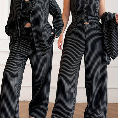 Large Size Women's Striped Long Sleeve Suit Jacket with V-Neck Vest and Trousers, Three-Piece Suit for Commuting and Parties