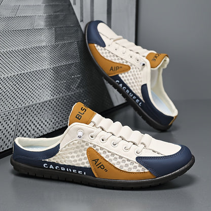 Men'S One Foot Casual Slippers - Breathable PU Upper, Cushioned EVA Insole And Durable PVC Sole, White And Navy Blue With Golden Accents, All Season Indoor/outdoor Shoes Suitable For Daily Wear And Vacation, Fashionable Shoes