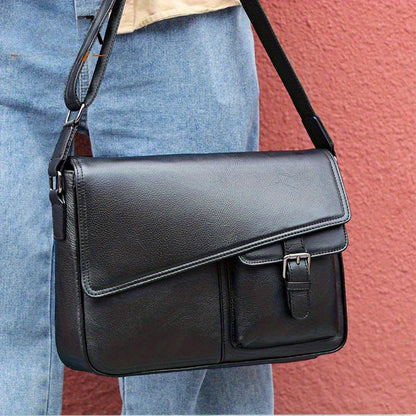 Genuine Leather Unisex Crossbody Messenger Bag - Sleek Minimalist Design with Adjustable Strap, Multiple Compartments & Metal Hardware, Black for Men & Women, Casual & Professional Use, Versatile Travel Purse | Korean Fashion