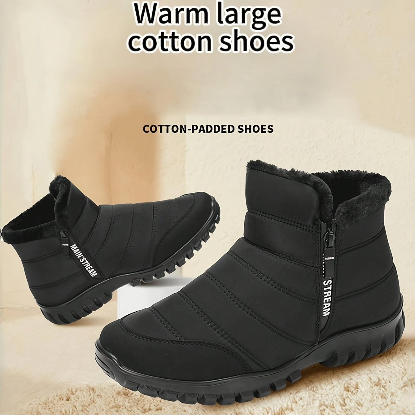 1pr Men'S Casual Solid Color Short Snow Boots - Windproof, Waterproof, Anti-Skid, Zip-Up, Round Toe, Fabric Upper, Faux Sole, Fuzzy Lined, Fabric Insole - Fall/Winter Outdoor Footwear