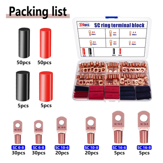 220pcs Ring Terminal Assortment Tool Kit, With 3:1 Heat Shrink Tubing, Battery Cable End/ Terminal Connector, For Vehicle, Marine, Power Distribution Cabinet, Household Appliances