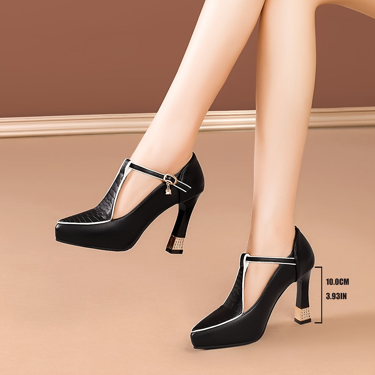 Women's Black Faux Cover Pointed-Toe Pumps with Rhinestone Buckle, High Block Heel Dress Shoes for Spring, Elegant & Stylish Design, Spring Dress Shoes | Sophisticated Style | Polished Synthetic Upper, High Heel Shoes