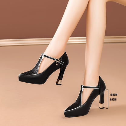 Women's Black Faux Cover Pointed-Toe Pumps with Rhinestone Buckle, High Block Heel Dress Shoes for Spring, Elegant & Stylish Design, Spring Dress Shoes | Sophisticated Style | Polished Synthetic Upper, High Heel Shoes