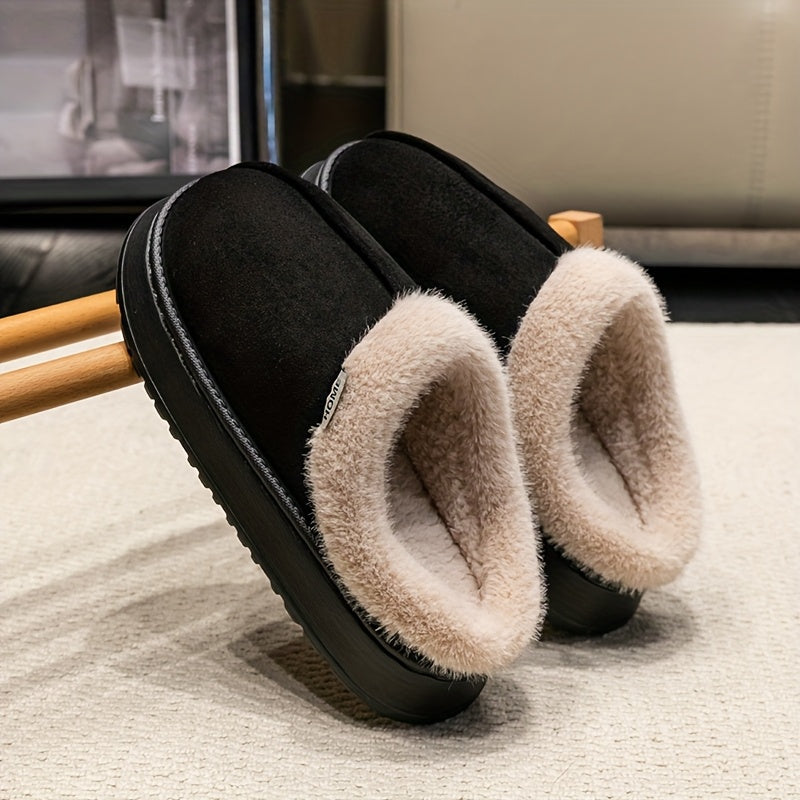 Cozy Plush Winter Slippers - Elegant Black with Cream Fur Trim, Thick Cushioned EVA Sole, Non-Slip, Hand Washable Indoor Shoes, Indoor Slippers