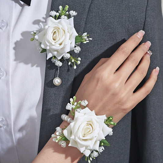 2pcs Elegant Rose Corsage and Wrist Flower Set in Polyester Fiber for School Events, Parties, Weddings Decorations