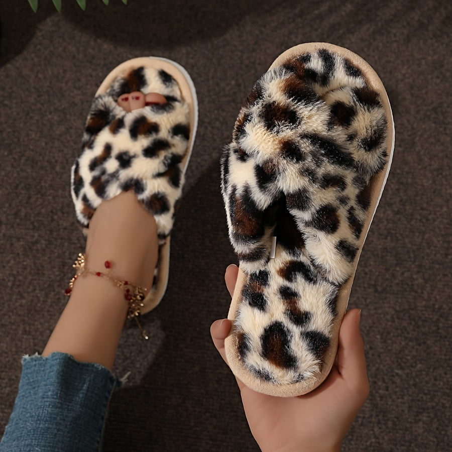 Cozy Crisscross Band Plush Indoor Slippers, Soft Sole Fuzzy Shoes, Non Slip Home Floor Slippers with Leopard Print