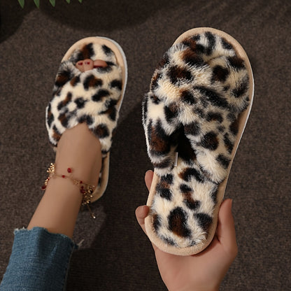 Cozy Crisscross Band Plush Indoor Slippers, Soft Sole Fuzzy Shoes, Non Slip Home Floor Slippers with Leopard Print