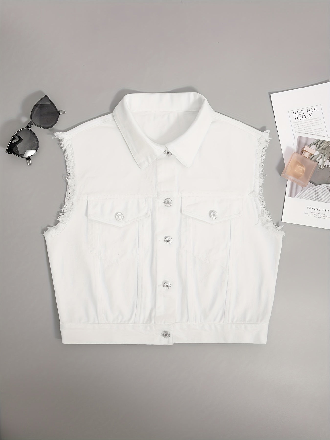 Blue Sleeveless Versatile Denim Jackets, Single-Breasted Button Flap Pockets Lapel Denim Vest, Women's Denim Clothing