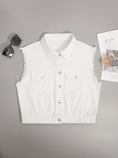 Blue Sleeveless Versatile Denim Jackets, Single-Breasted Button Flap Pockets Lapel Denim Vest, Women's Denim Clothing