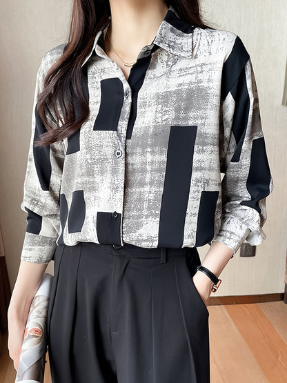 Chic Floral Print Long Sleeve Shirt for Women - Casual Collared Top with Button Detail, Machine Washable - Perfect for Spring & Fall, Loose Slimming, Square Print
