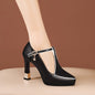 Women's Black Faux Cover Pointed-Toe Pumps with Rhinestone Buckle, High Block Heel Dress Shoes for Spring, Elegant & Stylish Design, Spring Dress Shoes | Sophisticated Style | Polished Synthetic Upper, High Heel Shoes