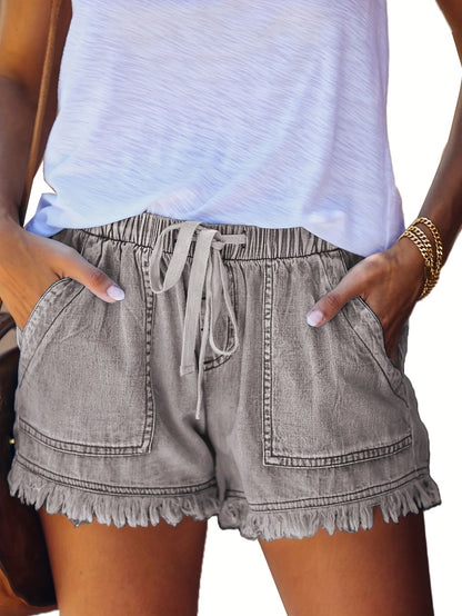 Women'S Casual Fashion Drawstring Elastic Waist Denim Shorts With Frayed Hem, Summer Comfort Fit Jean Shorts