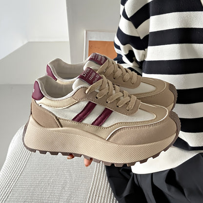 1 Pair Women'S Fashion Chunky Sneakers 2024, Striped Low Top Lace-Up Sports Shoes, All-Season Lightweight Casual Athletic Footwear with Plain Toe, Fabric Upper & Inner, PVC Sole, No-Print Design