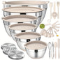 Mixing Bowls with Airtight Lids, 26pcs Stainless Steel Bowls Set 6 bowls & Lids + 20 kitchen tools, 3 Grater Attachments & Black Non-Slip Bottoms Size 7, 4, 2.5, 2.0, 1.5, 1QT, Great for Mixing & Serving