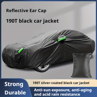 The Car Cover Is All Black With A 190T Silver-coated Fabric, Car Cover With Sun Protection, Polyester Reflective Strip Car Cover