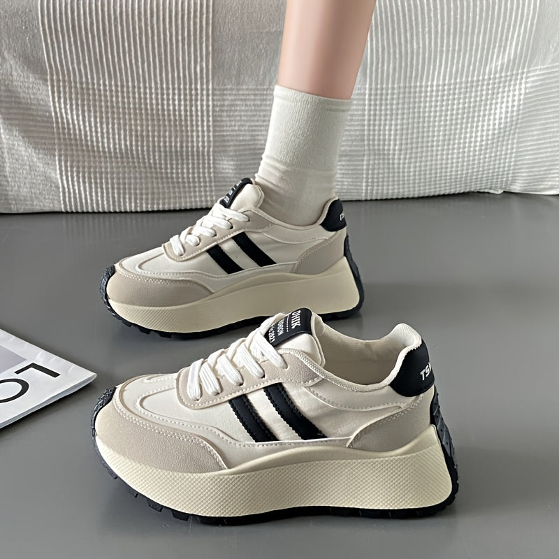 1 Pair Women'S Fashion Chunky Sneakers 2024, Striped Low Top Lace-Up Sports Shoes, All-Season Lightweight Casual Athletic Footwear with Plain Toe, Fabric Upper & Inner, PVC Sole, No-Print Design