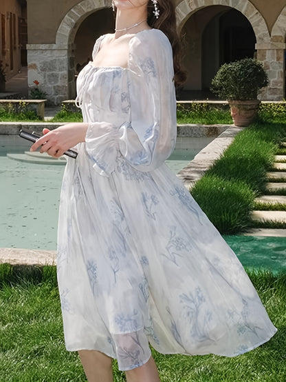 Elegant Floral Chiffon Midi Dress with Bell Sleeves - Square Neck, Long Sleeve, Lightweight, All-Season Wear for Women, Long Sleeve Dress