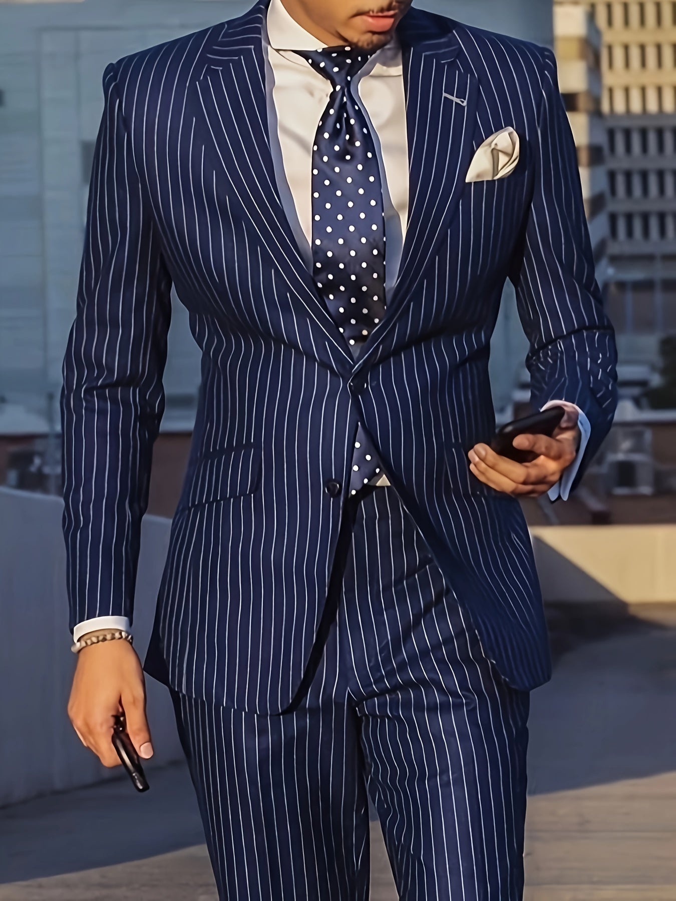 Men'S Suit 2pcs Navy Blue Pinstripe Blazer And Pants Formal/Casual Wear