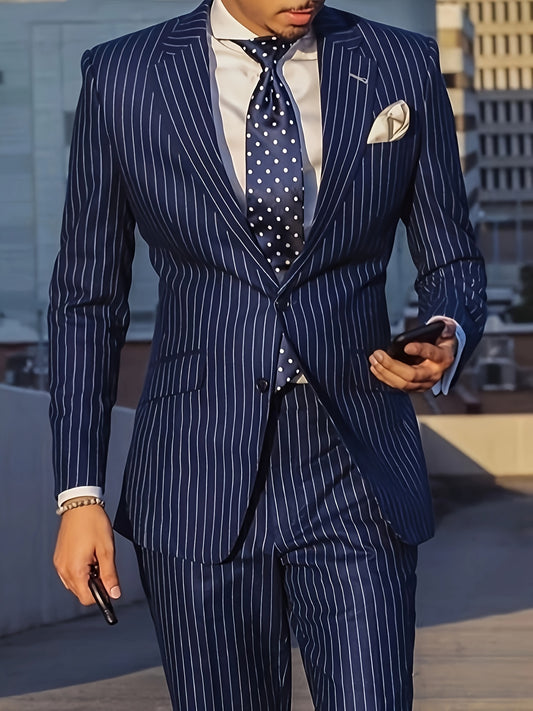 Men'S Suit 2pcs Navy Blue Pinstripe Blazer And Pants Formal/Casual Wear