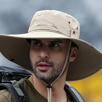 1pc Men's Breathable Wide Brim Sun Hat with UV Protection, Adjustable Buckle Closure, Solid Color, Outdoor Hiking & Recreation Hat with Non-Woven Polyester Fabric