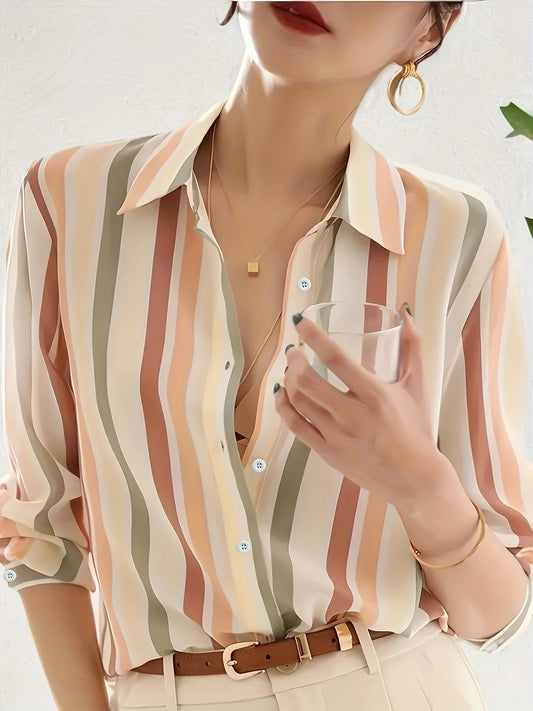 Long Sleeve Color Block Button Front Shirt - Stylish Casual Wear for Spring & Fall Seasons - Womens Fashion Clothing with Comfortable Fit