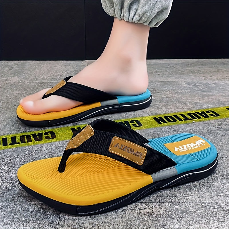Men's Summer Flip-Flops - Non-Slip, Odor-Resistant Beach Sandals with Arch Support, Green & Yellow Striped Design, Comfortable EVA Upper & Rubber Sole for Everyday and Casual Wear, Leisure Comfort | Casual Style | Durable San