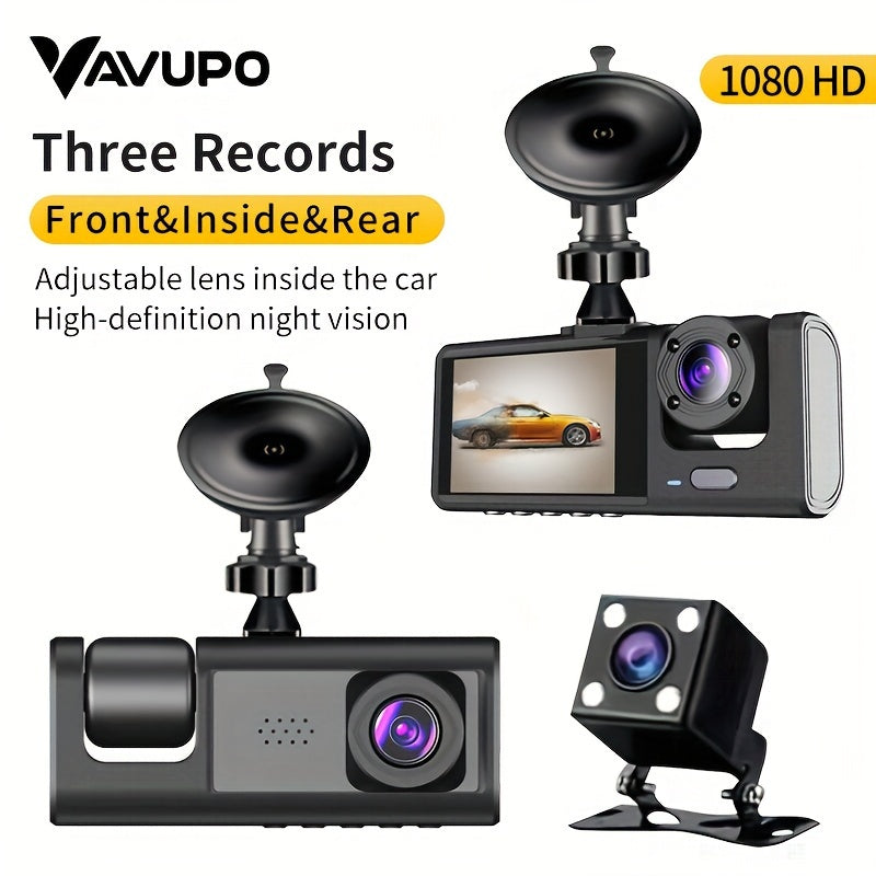 Vavupo 1080P Triple Dash Cam for Cars - Front, Inside & Rear View with IR Night Vision, Loop Recording, Wide Angle Lens, and 5.08cm IPS Display