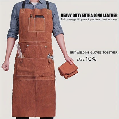 Leather Welding Work Shop Apron With 6 Pockets Heat Flame Resistant Cowhide Welder Apron Heavy Duty Blacksmith Aprons Adjustable For Welders Men Women