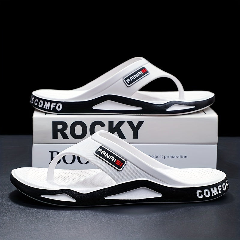 Men's Stylish Flip-Flops - Comfortable PVC Material, Non-Slip Sole, Arch Support Strap, Perfect for Beach & Casual Wear (Black/White/Beige), Beach Accessories