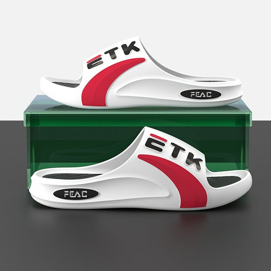 ETK Stylish Summer Slides - Comfortable Non-Slip, Odor-Resistant PVC Slippers for Beach, Pool & Outdoor Wear, Black & Green with White Strap, Trendy Sporty Design for All-Day Comfort, Poolside Slippers | Modern Casual Wear |