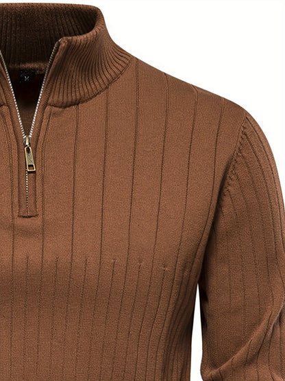 Men's Navy Blue Half-Zip Stand Collar Sweatshirt - Stretch Blend, Ribbed Texture, Long Sleeve - Ideal for Fishing & Walking in Fall/Winter