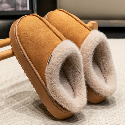 Cozy Plush Winter Slippers - Elegant Black with Cream Fur Trim, Thick Cushioned EVA Sole, Non-Slip, Hand Washable Indoor Shoes, Indoor Slippers