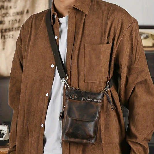 Genuine Leather Crossbody Bag, Casual Retro Style, Multi-Functional Outdoor Purse with 7-inch Mobile Phone Pocket, Hook Wear Belt, Uncharged - Ideal for Going Out