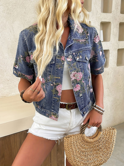 Print Denim Jacket for Women - Short Sleeve, Button-Up, Non-Stretch Fabric, Machine Washable - Perfect for Spring/Summer