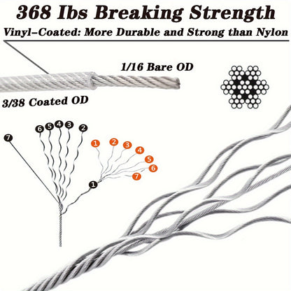 316 Stainless Steel Aircraft Cable Rope, 10.06meter 7x7 Strand, Marine Grade, with 50 Aluminum Thimbles and 12 Tee Fittings