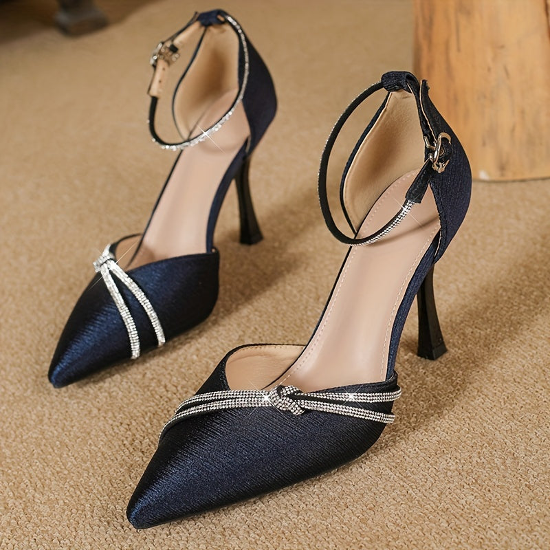 Stylish Rhinestone Decor Women's Stiletto Heels, Fashion Pointed Toe Dress Pumps with Buckle Strap