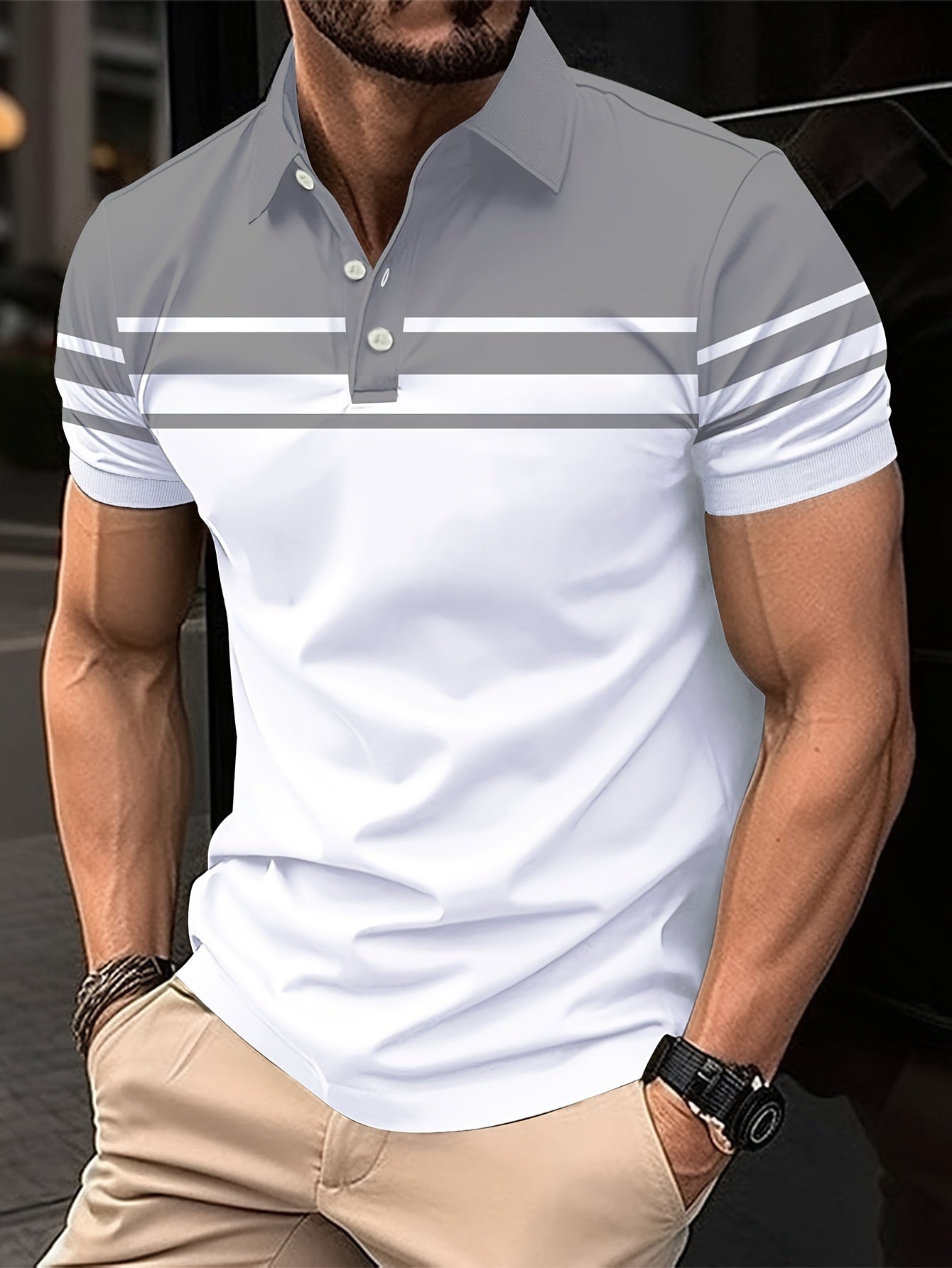 Men's Stripes Color Blocking Print Summer Short Sleeve Lapel T-shirt, Casual Comfy Sports Top As Gift