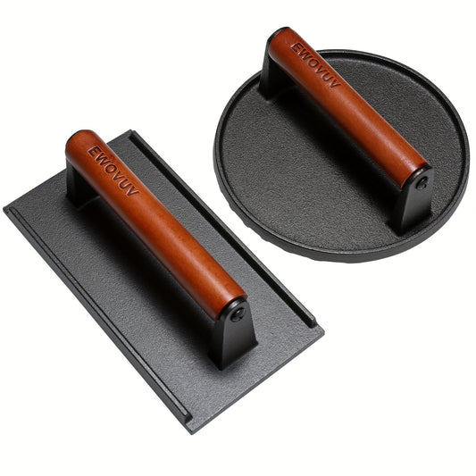 2pcs Burger Press, 7" Round & 8.2"X4.3" Rectangle Heavy-Duty Cast Iron Smash Press Meat Steak With Wood Handle For Griddle, Sandwich, Nonstick Pan