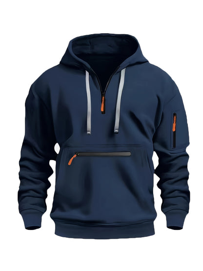 220gsm 100% Polyester Long Sleeve Hoodie - Men's Solid Color Regular Fit Casual Pullover with Zipper Pocket for Fall/Winter