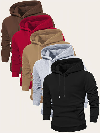 5pcs Men's Long Sleeve Hoodies, Solid Color Polyester Pullovers with Drawstring and Kangaroo Pocket, Casual Sports Jogging Tops for Spring/Fall - Regular Fit Knit Fabric Hooded Sweatshirts