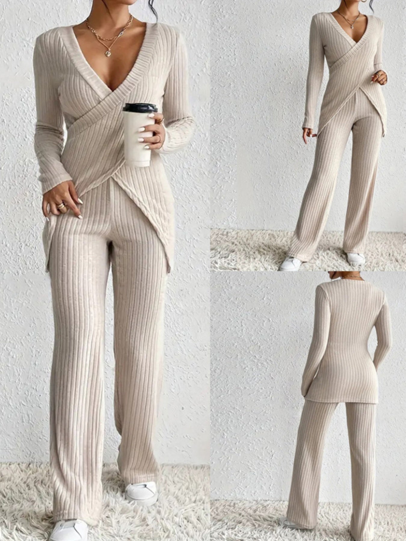 Women's Ribbed Fall Set Solid Color V-Neck Long Sleeve Slim Fit Cross Front Tops Long Pants 2pcs Outfits