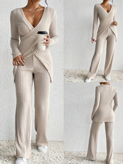 Women's Ribbed Fall Set Solid Color V-Neck Long Sleeve Slim Fit Cross Front Tops Long Pants 2pcs Outfits
