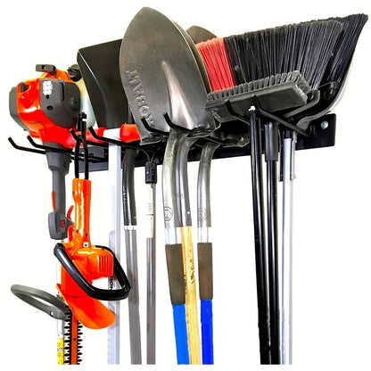 Iron Garden Tool Organizer Rack, Wall-Mounted Garage Storage Holder for Shovels, Rakes, Brooms, Hoses - 1 pc