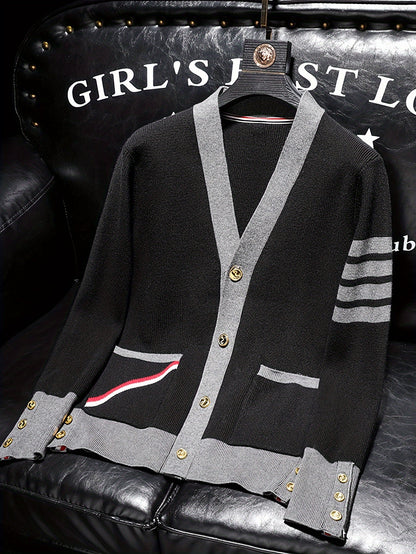 Men's New Stylish Cardigan Sweater. Autumn Patchwork Color, With A Sense Of High Class And Trendy. Loose Fit Knitted Jacket.