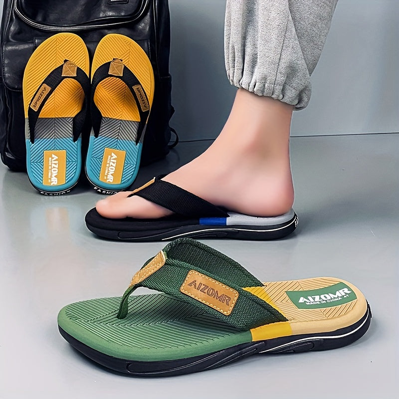 Men's Summer Flip-Flops - Non-Slip, Odor-Resistant Beach Sandals with Arch Support, Green & Yellow Striped Design, Comfortable EVA Upper & Rubber Sole for Everyday and Casual Wear, Leisure Comfort | Casual Style | Durable San
