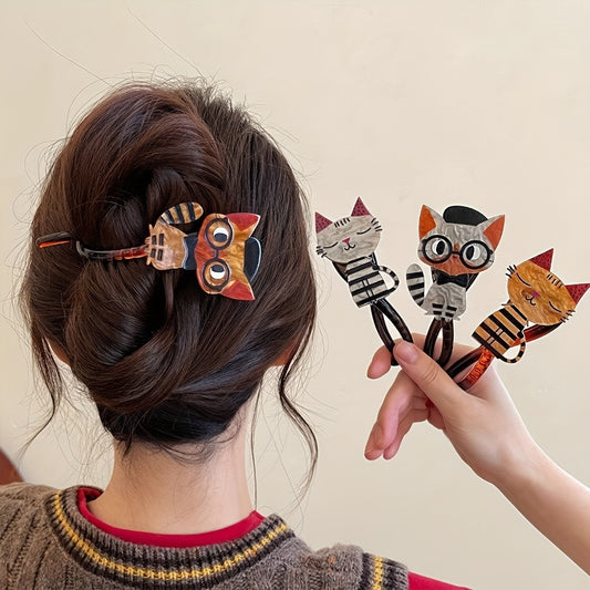 4pcs Cute Cartoon Cat Acrylic Hair Clips - Colorful Animal Print, Sweet Style Twist Barrettes for Women & Girls - Perfect Gift for Christmas, New Year, Valentine's Day